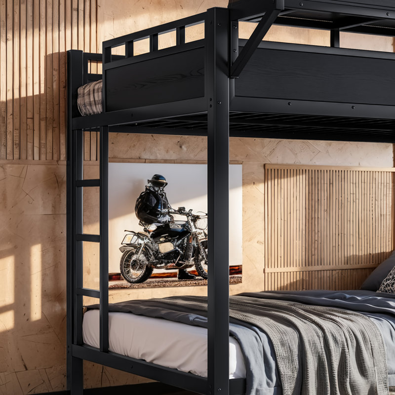 Lit superposé double au-dessus de double en métal avec tablettes de rangement, panneau perforé, ports USB et lumières DEL, peu encombrant, noir