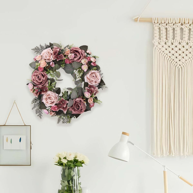 Couronne élégante de roses artificielles. Décoration de porte de 17,7 po de verdure luxuriante. Décoration murale rustique de style campagnard. Décoration de mariage et de mariage romantique. Cadeau de Pâques et de la fête des Mères