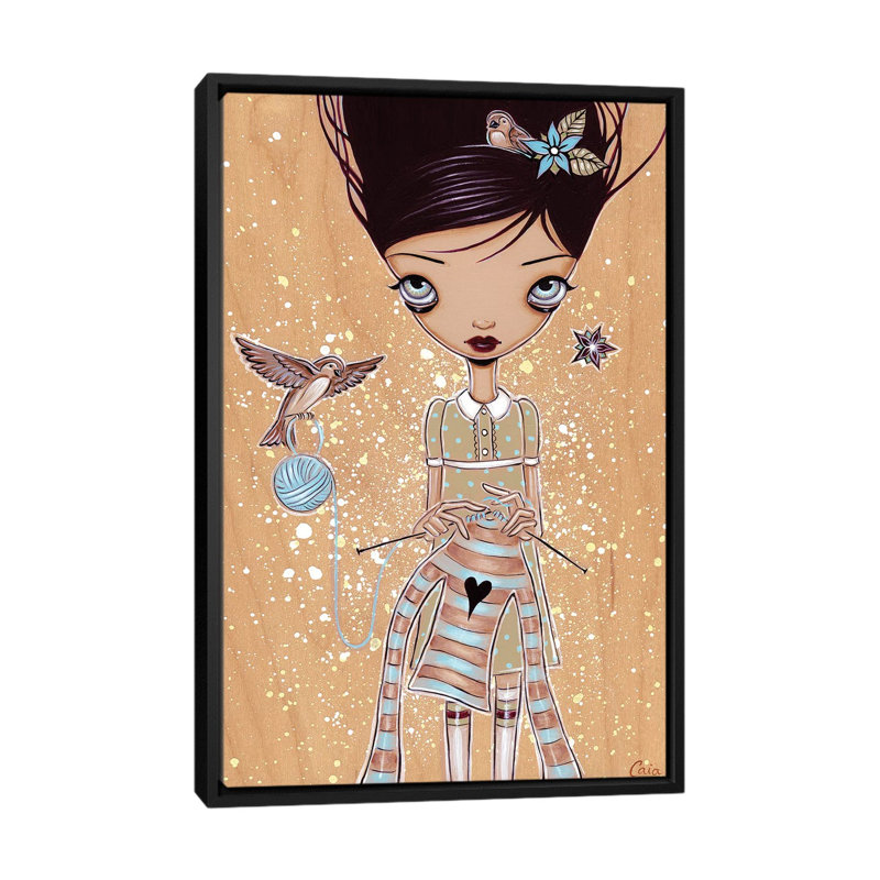 « tricoting », impression sur toile, H 26 po x l 18 po x P 1,5 po, Toile avec cadre noir, Pas de tapis