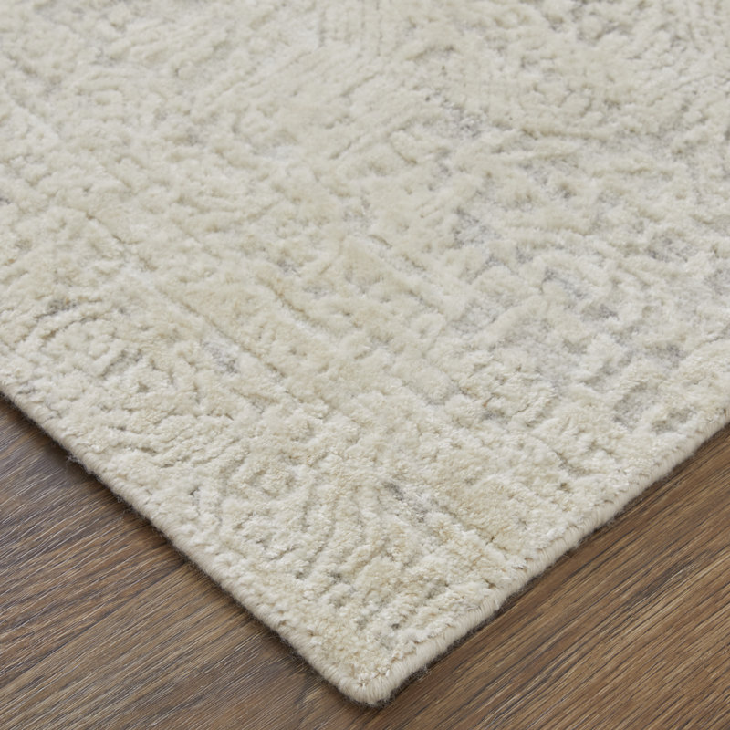 Tapis abstrait en viscose tissé à la main en ivoire, Rectangle 3 pi x 5 pi