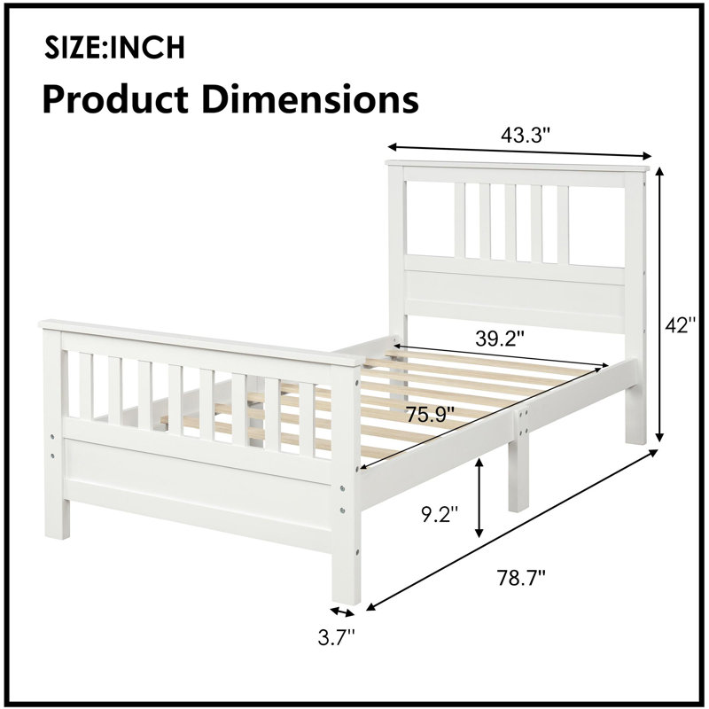 Lit plateforme simple en bois de pin massif avec tête et pied de lit à panneau, blanc - aucun sommier requis, Lit simple