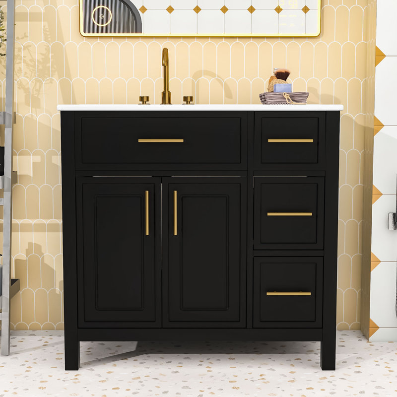 Meuble-lavabo simple autoportant moderne avec lavabo en céramique, rangement spacieux et poignées en métal, Noir