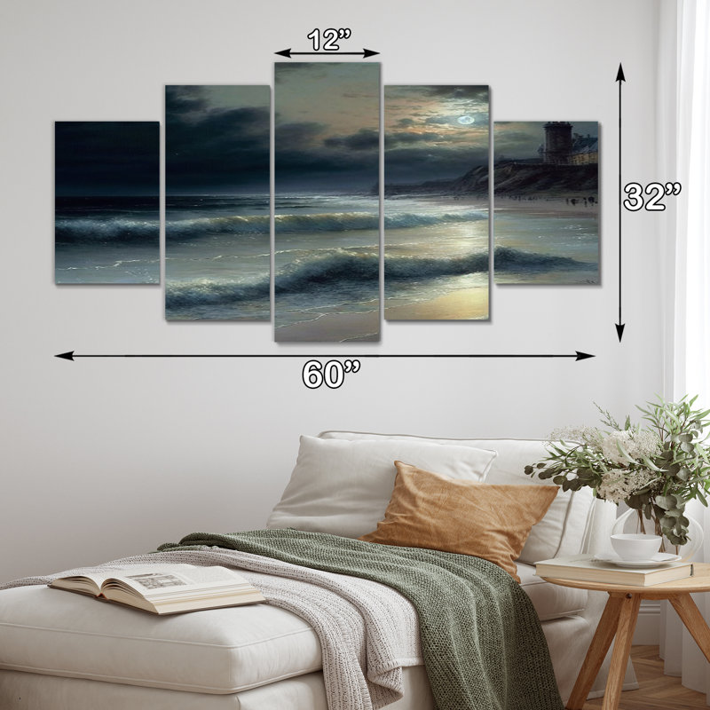 «Lighttower in Stormy Full Moon Beach Night», reproduction d'art sur toile, 5 panneaux