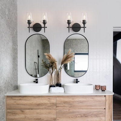 Luminaire de meuble-lavabo moderne avec abat-jour en verre transparent, éclairage de salle de bain mural avec douille E26, finition noire mate durable pour le couloir et la chambre à coucher