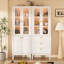94.5" W Modular Library Bookcase with Glass Doors, Integrated LED Lighting, Brass-Coloured Hardware & Genuine Leather Loop Pulls, Large White Wall Unit with Drawers and Storage Cabinets-896034102-896034101