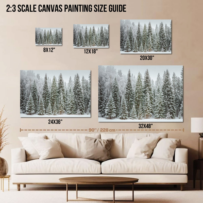 Grand grand arbre d'hiver, art mural sur toile paysage de forêt enneigée, peintures de scène d'hiver au pays des merveilles pour le salon, impressions sur toile encadrée de paysage d'hiver, 32 po x 48 po