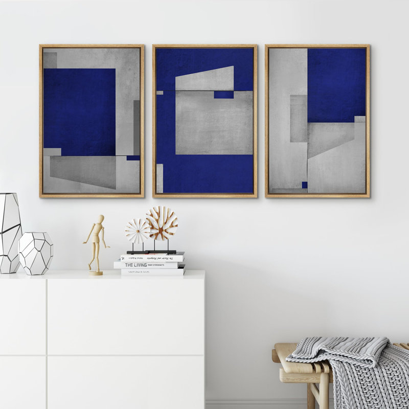 Bleu foncé, gris, géométrique, bloc, abstrait, Mid-Century, formes modernes, illustrations, décor chic, Naturel