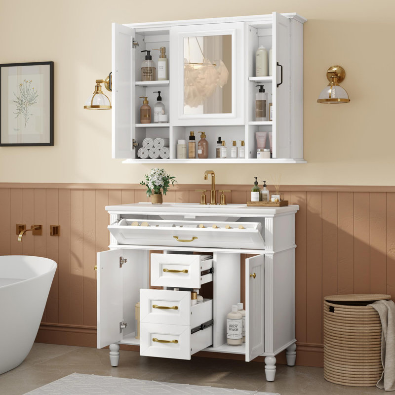 Meuble-lavabo en céramique avec cadre en pin, Blanc