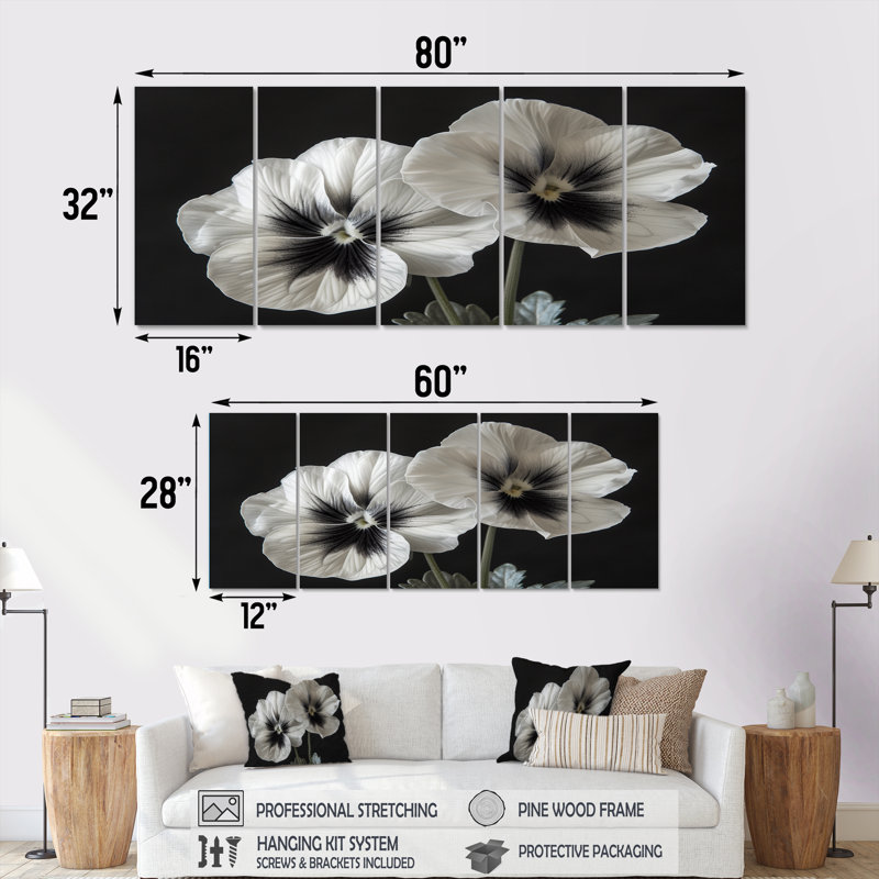 «White Black Botanical Beauty Pansies II - Pansies», ensemble de reproduction d'art mural, H 32 po x l 80 po