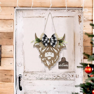 Vache décorative de tête de vache porte signe de couronne de vache en bois décoration murale cadeaux de vache porte d'entrée porche décor de ferme intérieur extérieur (couleur bois)