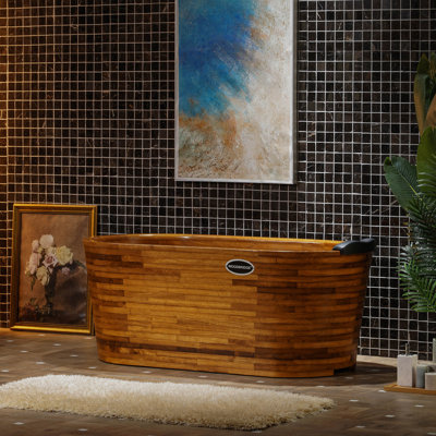Baignoire autoportante ovale autoportante en bois naturel fabriquée à la main avec siège en bois, coussin et bonde escamotable chromée