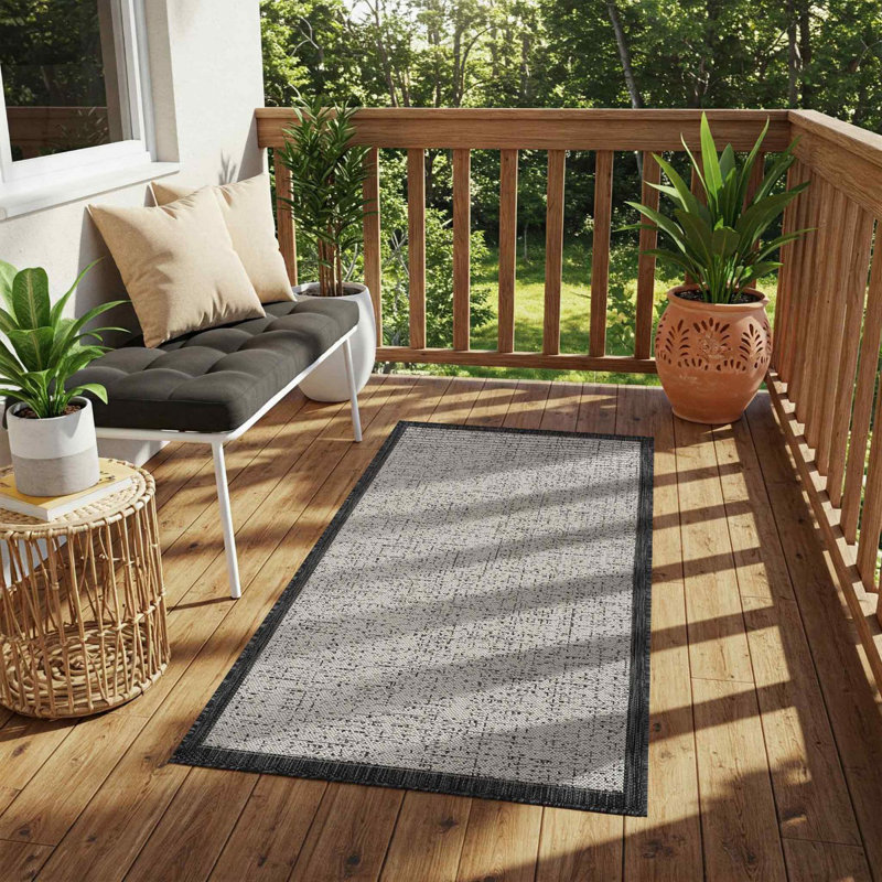 Charcoal Modern Outdoor Rug, Bordered Stain Resistant Easy to Clean Rug For Patio, Balcony, Decks & Garden