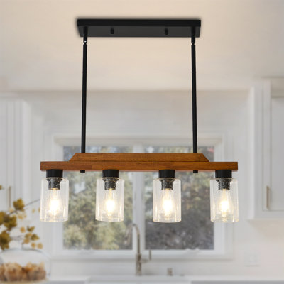  Luminaire de salle à manger à 4 lumières de style lustre de ferme, éclairage d'îlot de cuisine linéaire avec abat-jour en verre ensemencé Farmhouse, luminaires suspendus de plafond en bois rustique