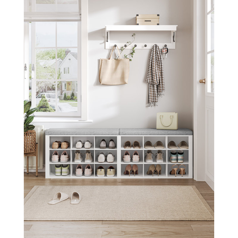 Shoe Storage Bench with Padded Seat, Shoe Rack Bench with 18 Open Compartments, Adjustable Shelves, Shoe Cabinet Storage with Cushion for Hallway Living Room, Bedroom, White 