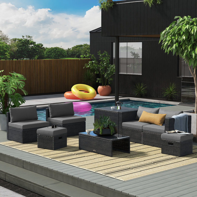 Aleshka 6 - Person Patio Conversation Set with Cushions, Gray, Black