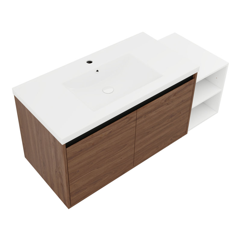 Ensemble de meuble-lavabo mural 48 po avec lavabo de comptoir en résine, 1 tablette de rangement, 2 portes à fermeture douce (KD-Packing)