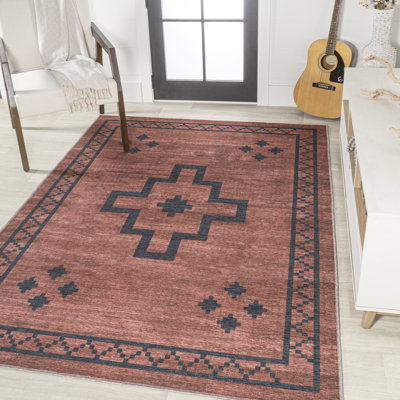 Ilsetraud Geometric Medallion Machine-Washable Red/Dark Gray Rug