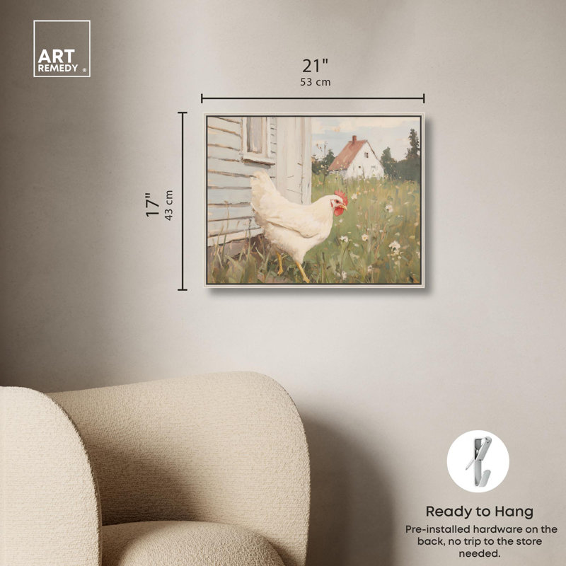 «Pecking by the Barn», impression sur toile Farmhouse Art par Art Remedy, H 17 po x l 21 po, Cadre argenté