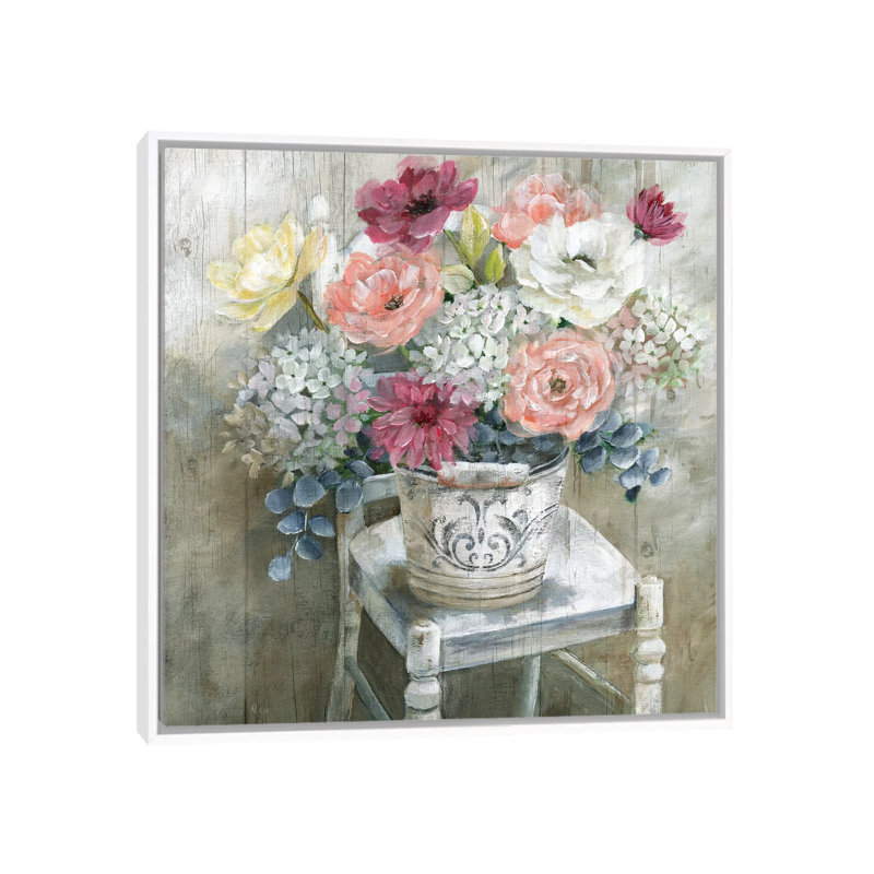 «Quaint Cottage Bouquet» par Nan - reproduction, Cadre blanc, H 26 po x l 26 po x P 1,5 po
