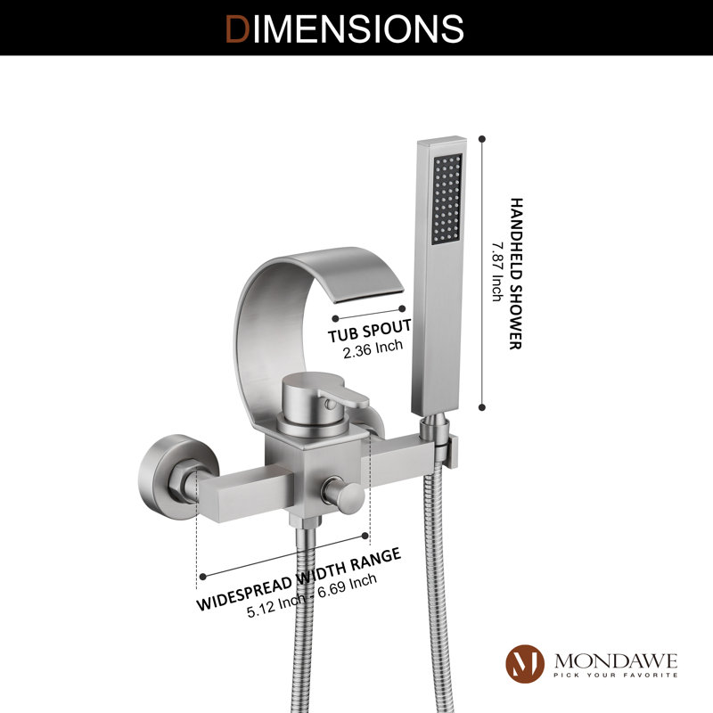 Herathena Wall Mounted Waterfall Tub Spout with Diverter and Handshower, Brushed Nickel
