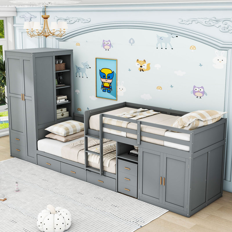 Hirona Twin Over Twin Wooden Displaced Bunk Bed With Twin Trundle, Cabinet, Wardrobe, Desk And Drawers