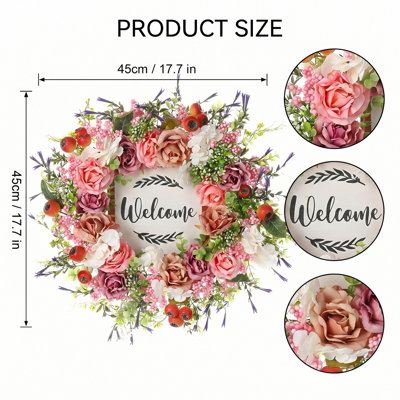 Spring Wreath for Front Door 17.7 Inch - Welcome Full Floral Wreath for Spring Summer Decor, Durable Outdoor Door Wreath for Porch Wedding Easter Home