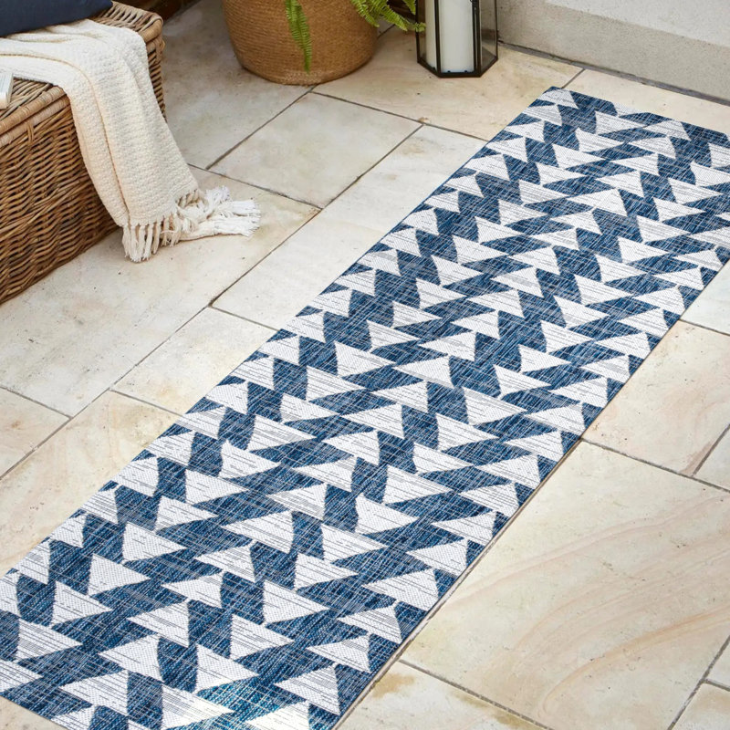 Yahoue Modern Tribal Geometric Ivory/Blue Indoor/Outdoor Rug, Runner 2'2" x 8'