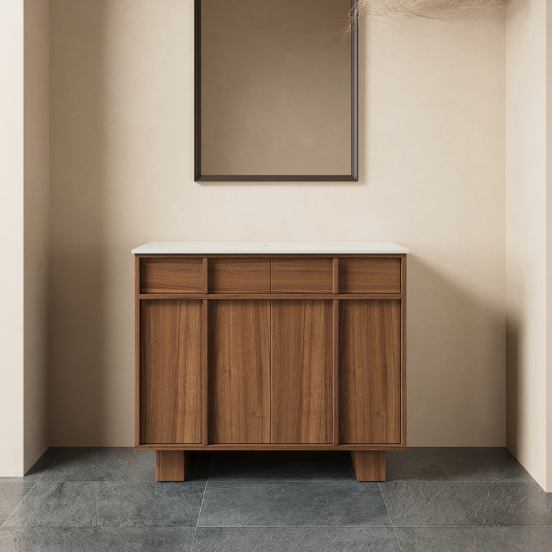 36“ Mid Century Modern Vanity Base, Brown Wood Floor Cabinet for Bathroom, Not Sink Included