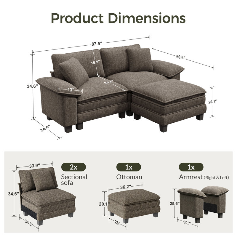 88" Modular Sectional Loveseat Couches For Living Room, 3-seater Deep Seat Sofa With Ottoman, Ash Chenille