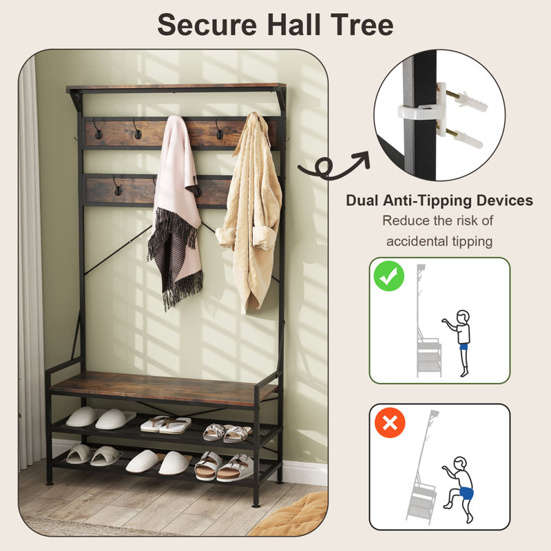Coat Rack 4-In-1 Hall Tree with 11 Hanging Hooks & Shoe Bench, Brown