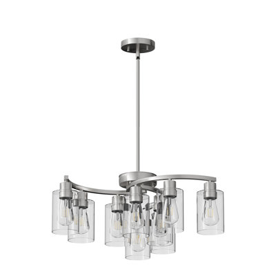 9-Light Brushed Nickel Glass Chandelier, Adjustable Height Hanging Industrial Dining Room Chandelier Over Table, Modern Farmhouse Chandelier for Kitchen Island Living Room Entryway Bedroom