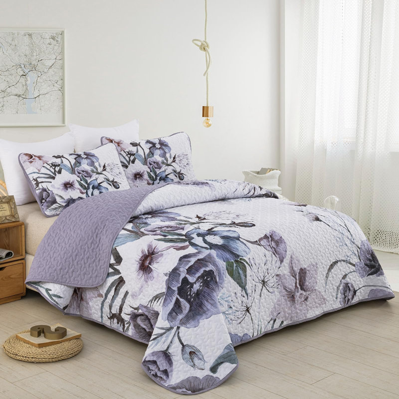 Ensemble de courtepointe 3 pièces Boho Floral, Floral mauve, Courtepointe pour lit grand + deux taies décorati