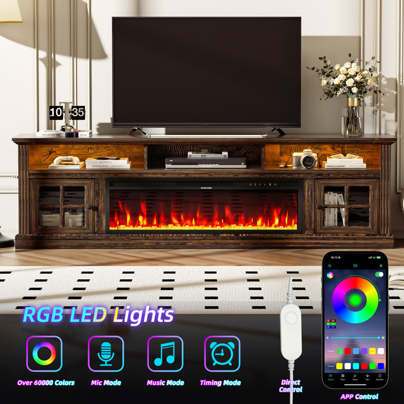 70" Fireplace Tv Stand For Tvs Up To 80" With Storage Cabinets, Entertainment Center With 36" Electric Fireplace, Led Light Tv Consoles For Living Room, Farmhouse Media Console Table, Crystals