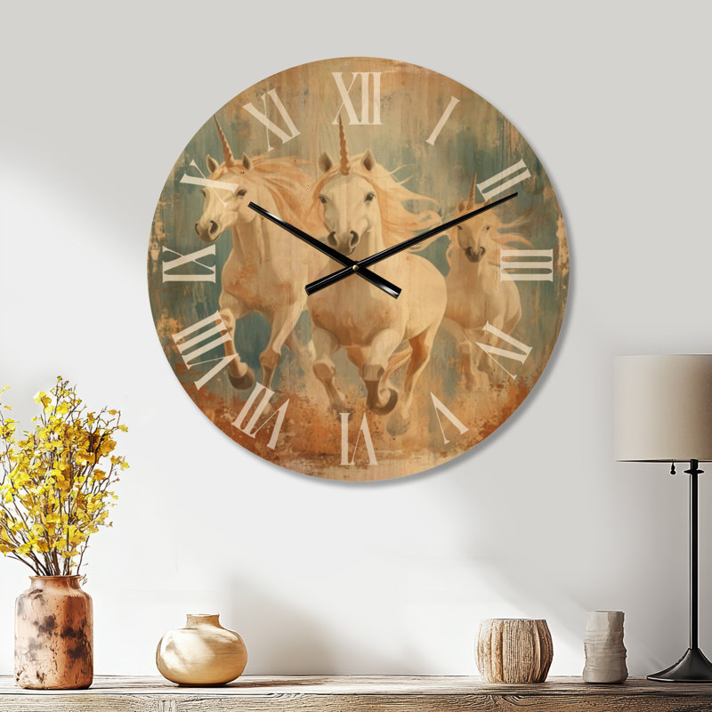 Horloge murale pour enfants « Trio de licornes au galop », imprimée sur bois, Médium