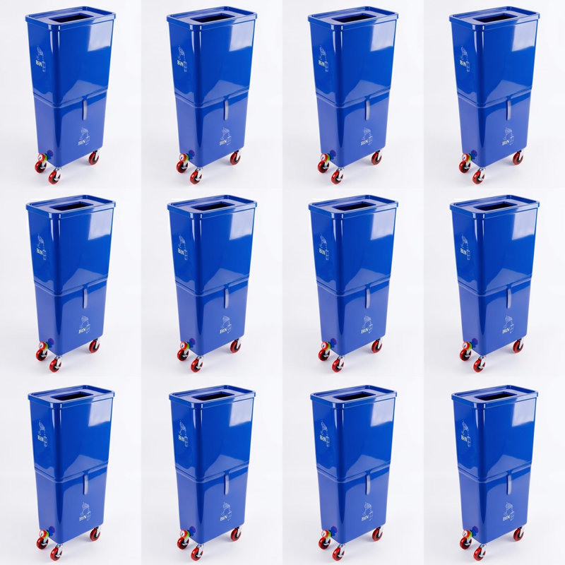 Bac à déchets de boissons commercial (paquet de 12, bleu) – Station de vidange à deux compartiments avec roues verrouillables pour bars, restaurants, traiteurs et événements