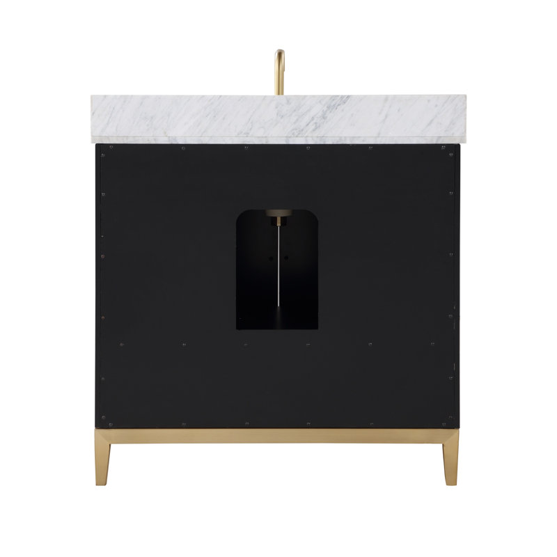 Gracie 36'' W Single Vanity, Calacatta Quartz, Midnight Black, Satin Brass