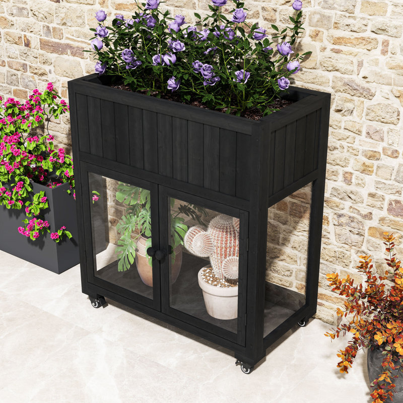 Portable Wood Greenhouse with Raised Bed, Drainage Liner and Wheels, Black