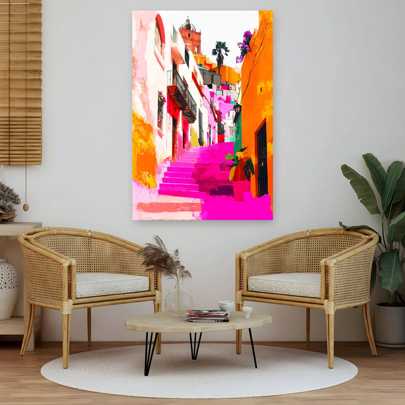 Vibrant Pink City Steps Colorful Vibrant Abstract Architecture City Wall Art Print 1 Piece Wrapped Canvas Wall Art