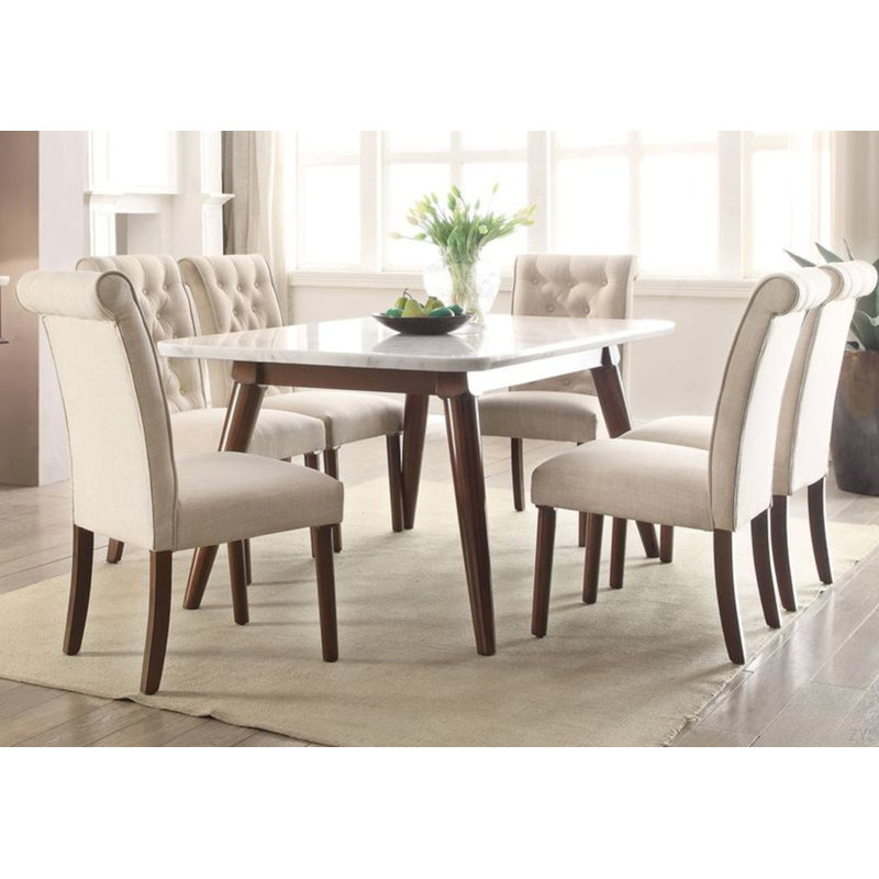 Table de salle à manger avec plateau en marbre blanc et finition noyer