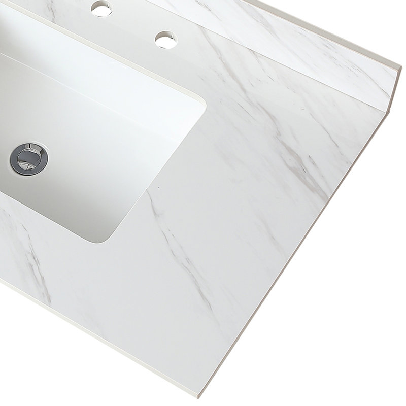 Comptoir de meuble-lavabo en pierre frittée blanche 37 po - lavabo rectangulaire, dosseret de 4 po, trou de robinet pré-percé, pour les taches d'eau et de chaleur