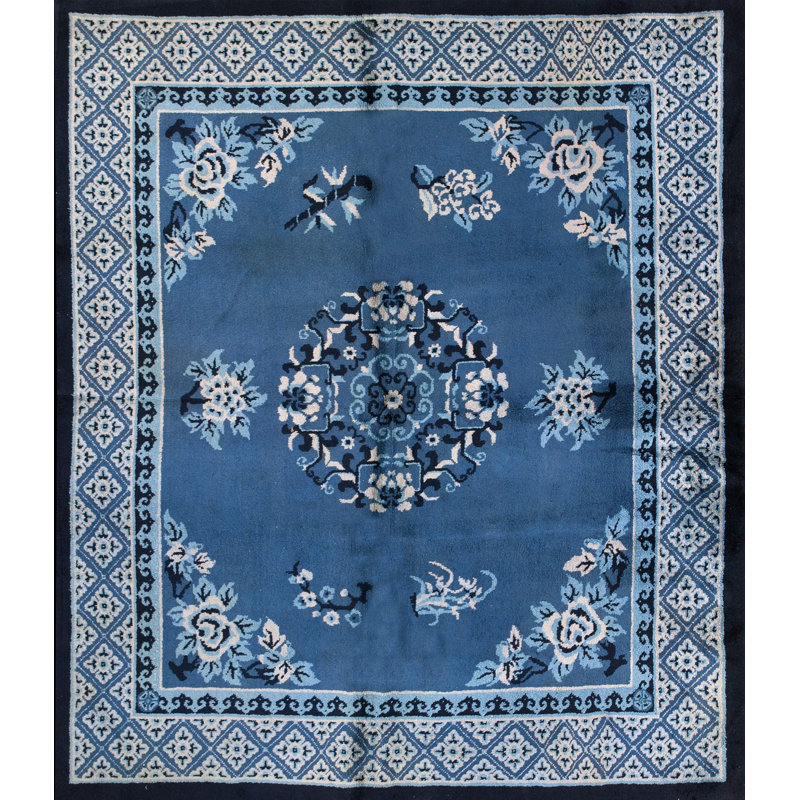 Antique Small Size Square Shape Blue Color Chinese Peking Area Rug