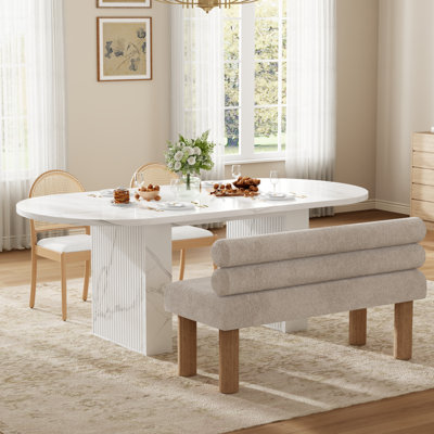 Modern 6-Piece Oval Dining Set with Rattan Solid Wood Chairs & Bench