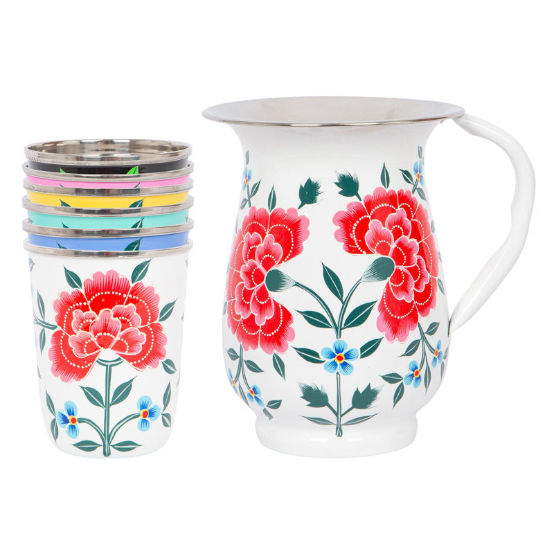 East Urban Home Hand-Painted Picnic Water Jug with 300ml Multicolour Cups - 1.7L - Mint Peony, White