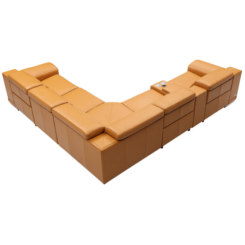 Leather Power Reclining Sectional with Cupholders and Charge Port, Orange Genuine Leather