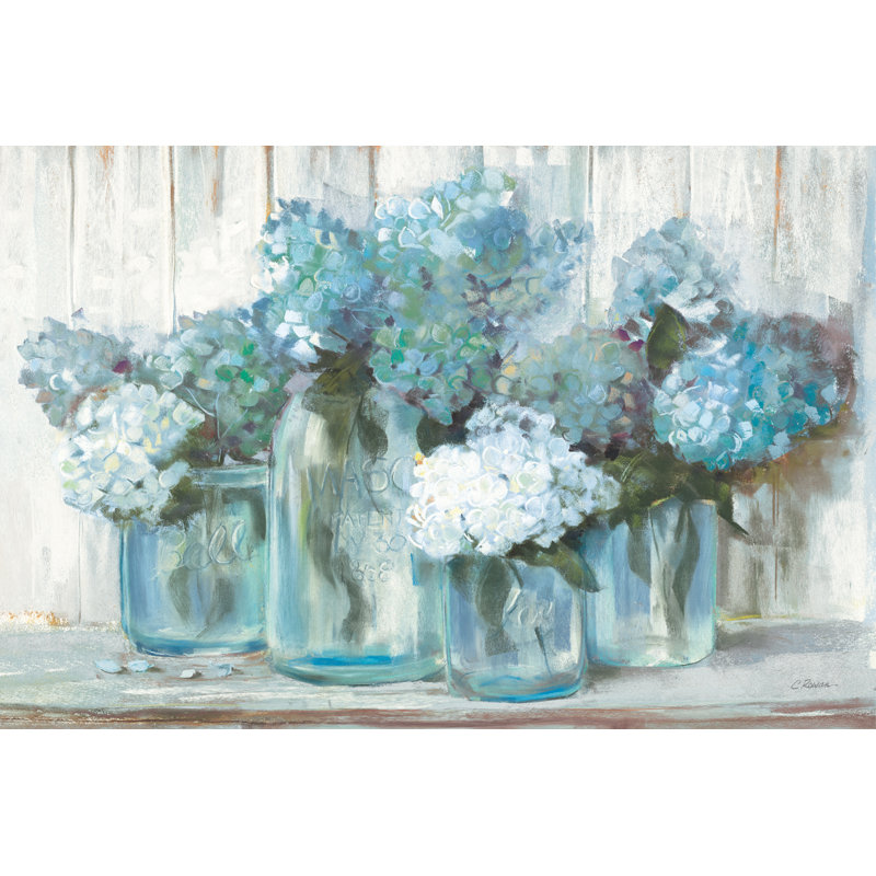 Hydrangeas In Glass Jars Blue Crop by Carol Rowan - Wrapped Canvas Painting, 61cm H x 91cm W