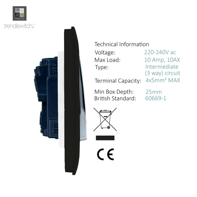 Trendi Switch 2 Gang Rocker Light Switch (1x 1 or 2 way & 1x Intermediate), Piano Black