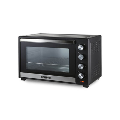 GEEPAS Mini Oven & Grill Rotisserie Baking Roasting & Grilling 1600W Temp Control 100–230°C Double Glass Door 60min Timer Auto Shut Off Bell