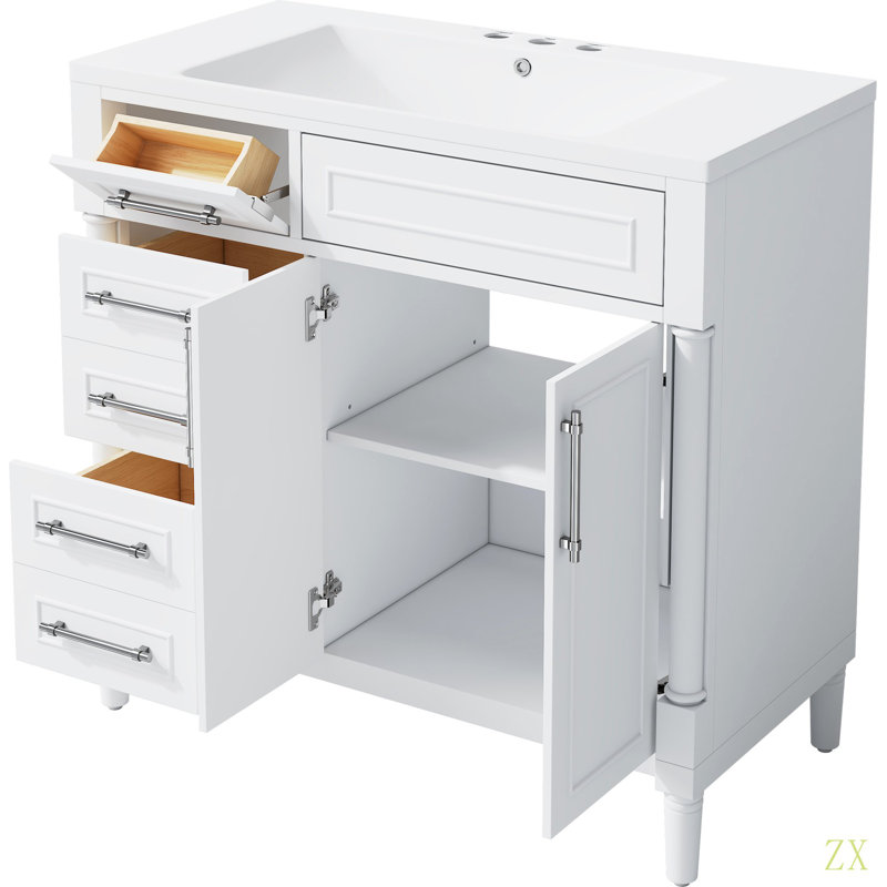Meuble-lavabo de 36 po avec lavabo en résine supérieur, armoire de rangement autoportante avec 2 tiroirs et un tiroir basculant, ensemble de meuble-lavabo avec cadre en bois massif, tablette à hauteur réglable