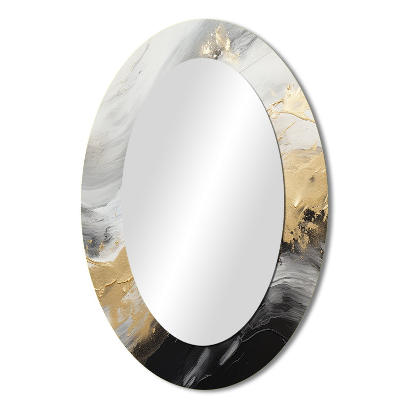 Gold And Black Soft Wave Fusion III - Abstract Oval Decorative Mirror On Metal, 36" x 24"