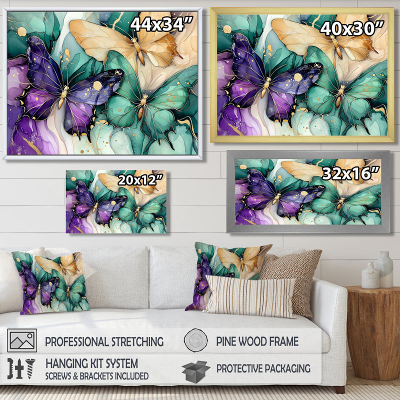 Émeraude et mauve, composition de papillons II - impression murale papillon, H 12 po x l 20 po, Noir